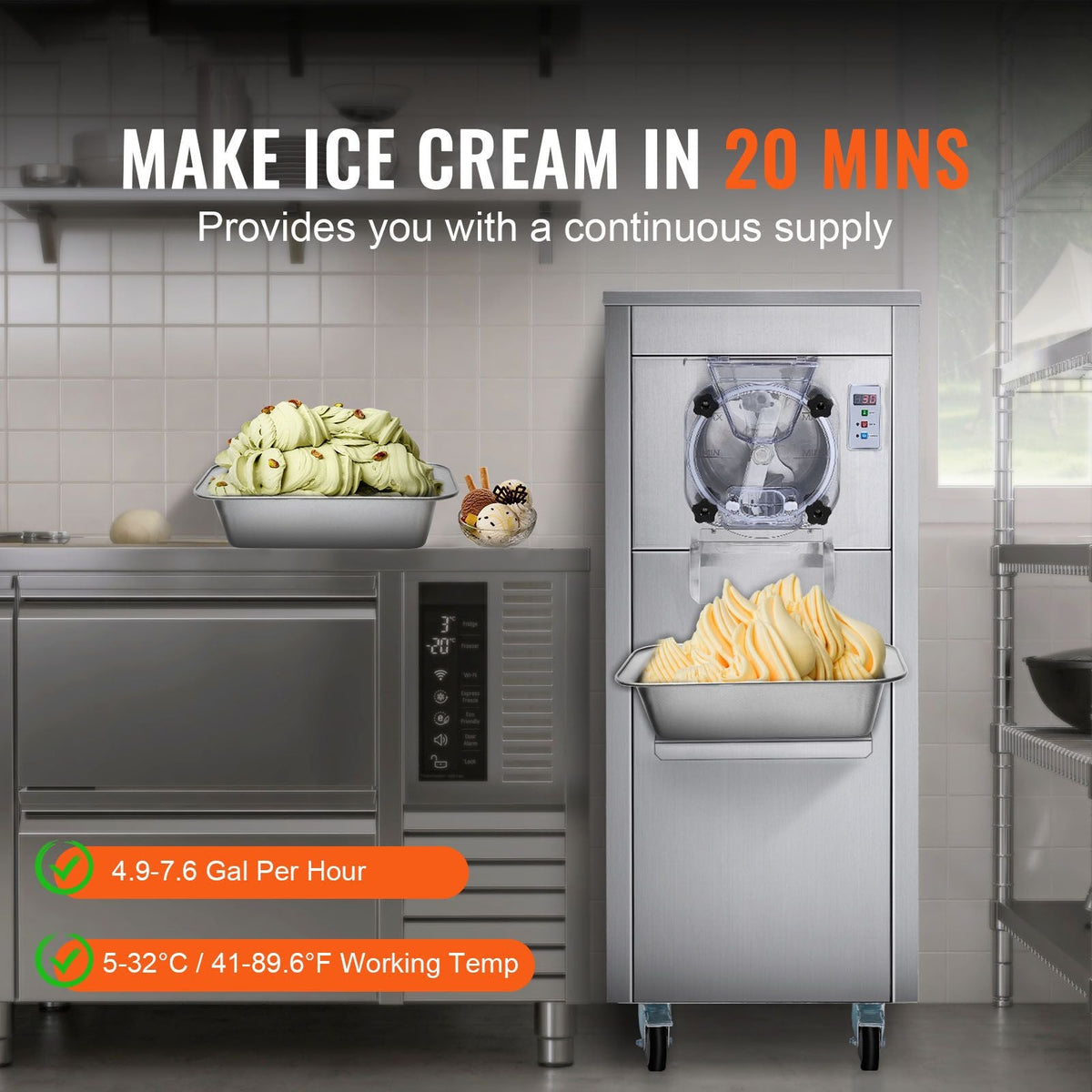 Ice Cream Maker for Commercial Use, Produces 18 Liters per Hour, 1780W, Offers Single Flavor, Equipped with Wheels, 6L Stainless Cylinder, LED Display, Automatic Cleaning & Pre-cooling Functi