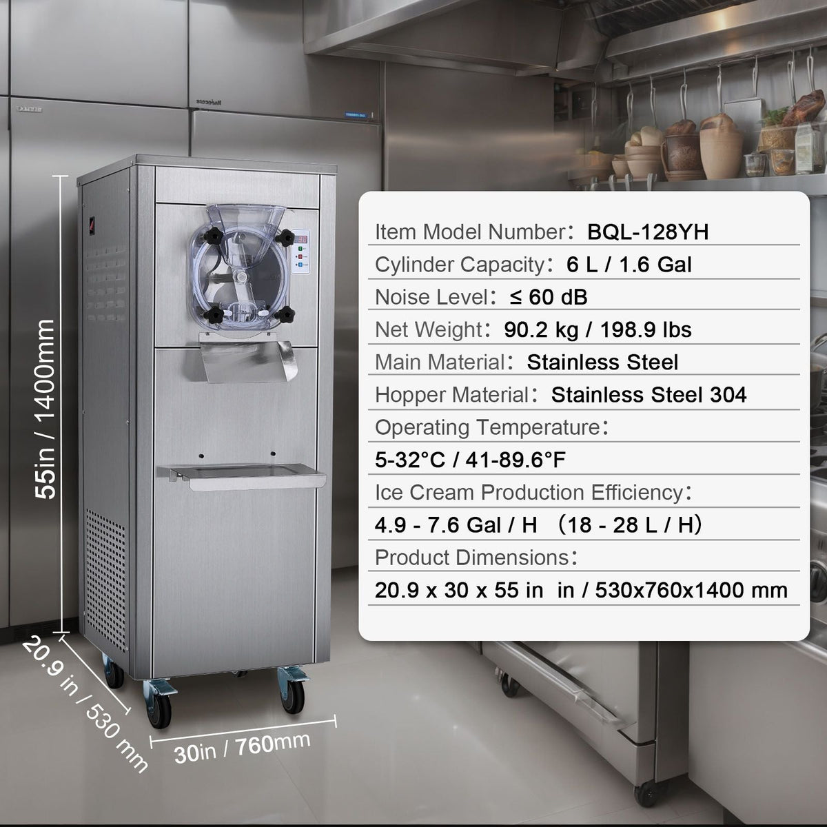 Ice Cream Maker for Commercial Use, Produces 18 Liters per Hour, 1780W, Offers Single Flavor, Equipped with Wheels, 6L Stainless Cylinder, LED Display, Automatic Cleaning & Pre-cooling Functi