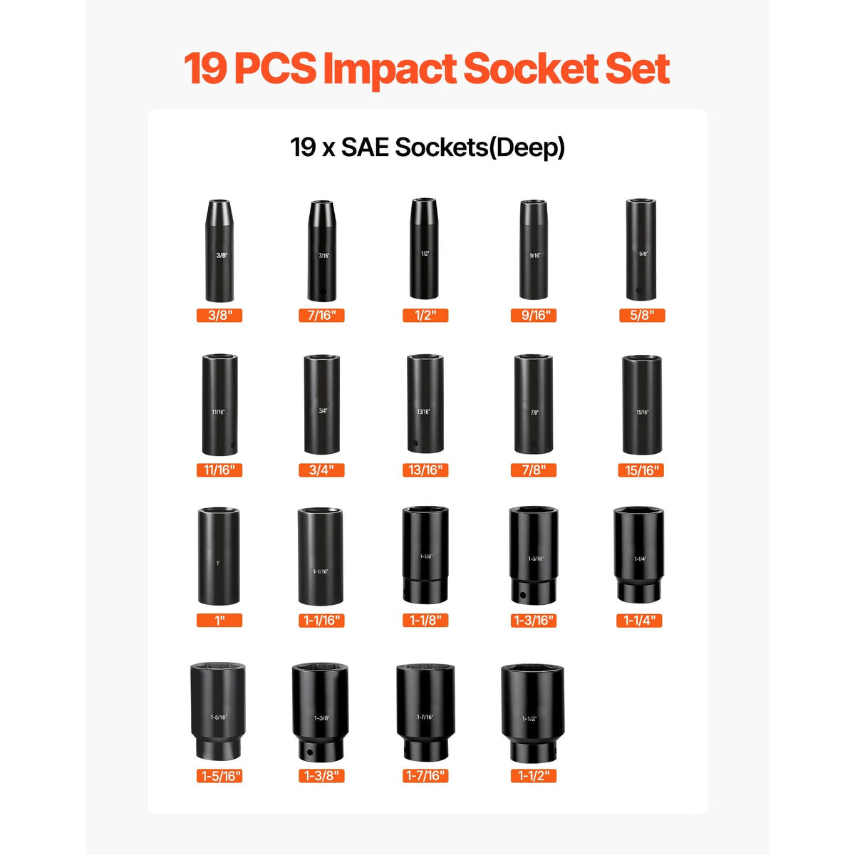 Impact Socket Set, 1/2" 19 Piece Impact Sockets, Deep Socket, 6-Point Sockets, 1/2" Drive Set 3/8" to 1-1/2", Cr-V Rugged Construction, Easy to Identify, with a Sturdy Storage Case, for Vehicles