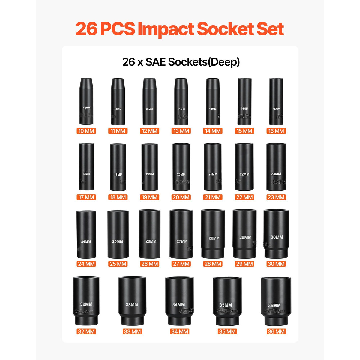 Impact Socket Set, 1/2" Drive, 26-Piece Impact Sockets, 6-Point Sockets, Metric 10-30 mm, 32-36 mm, Easy to Identify, with a Sturdy Storage Case, Cr-V Alloy Steel Structure, for Vehicles Repair