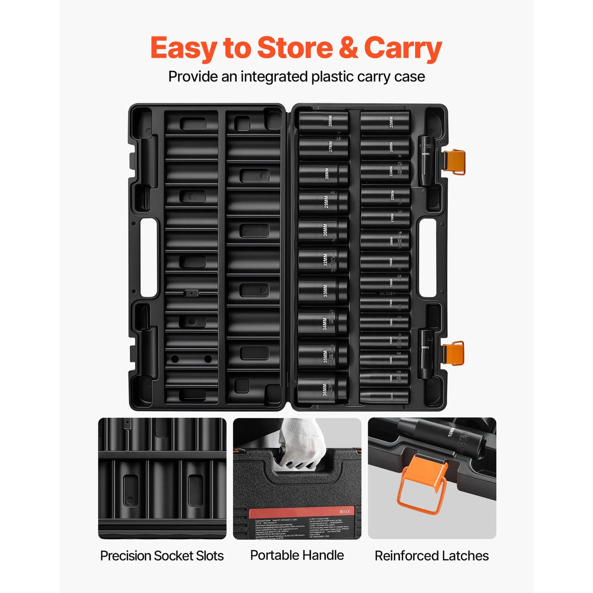 Impact Socket Set, 1/2" Drive, 26-Piece Impact Sockets, 6-Point Sockets, Metric 10-30 mm, 32-36 mm, Easy to Identify, with a Sturdy Storage Case, Cr-V Alloy Steel Structure, for Vehicles Repair