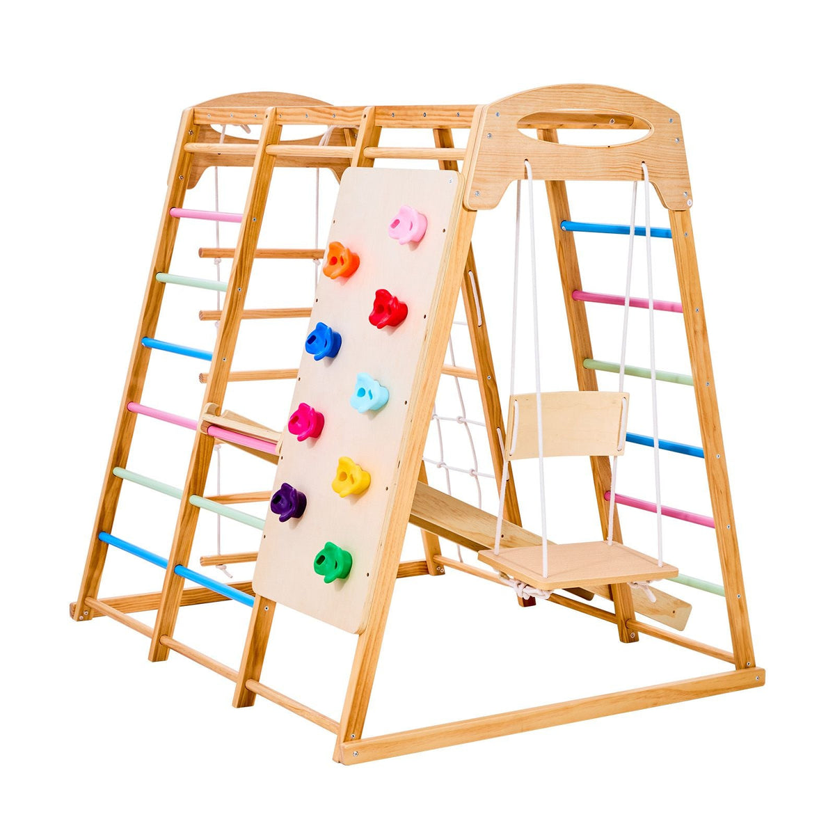 Indoor Playground Jungle Gym, 7-in-1 Wooden Indoor Playground for Kids, 250LBS Montessori Climbing Toys Playset with Swing, Monkey Bar, Slide, Wooden Ladder, Rope Ladder, Climbing Net & Rock