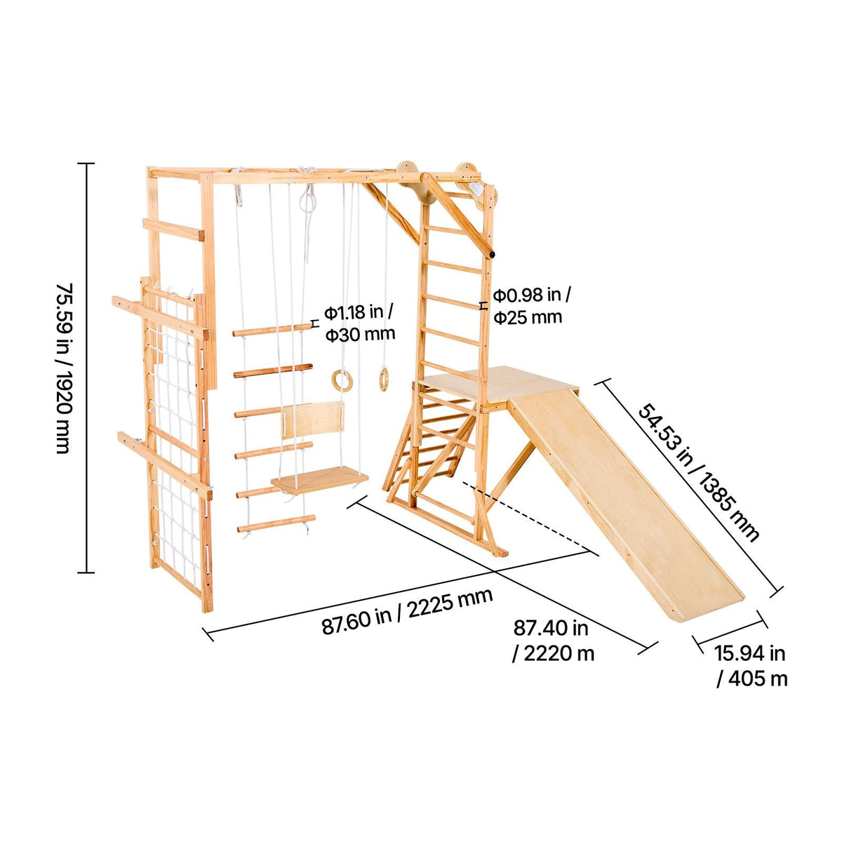 Indoor Playground Jungle Gym, 8-in-1 Wooden Indoor Playground for Kids, 220LBS Montessori Climbing Toys Playset with Slide, Swing, Monkey Bar, Gym Rings, Wooden / Rope Ladder, Climbing Net & Bar