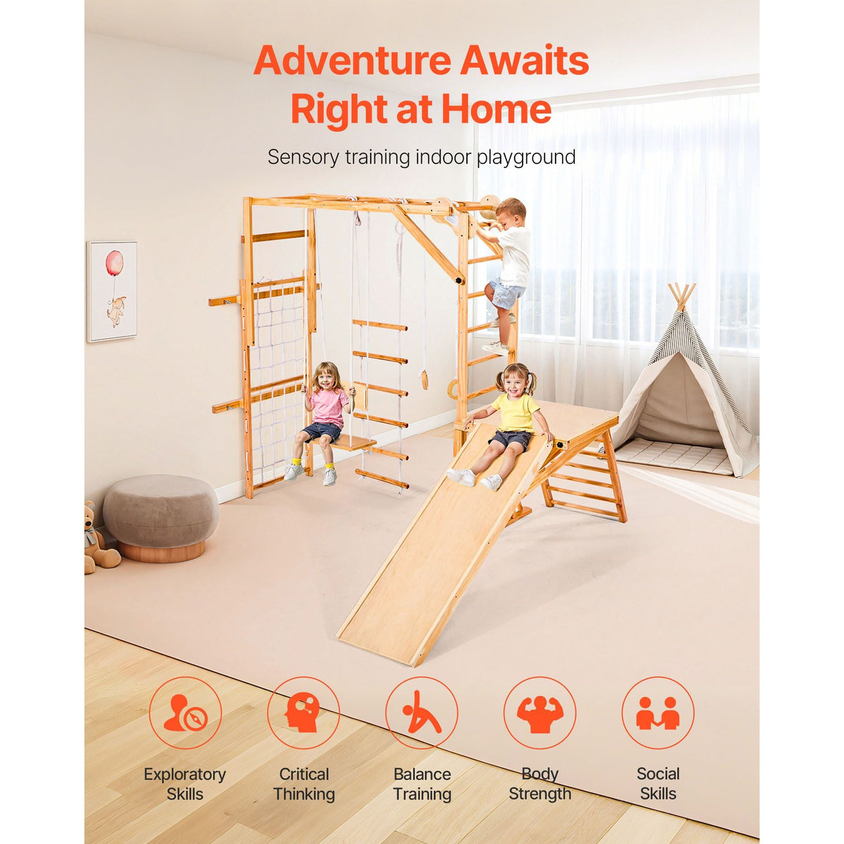 Indoor Playground Jungle Gym, 8-in-1 Wooden Indoor Playground for Kids, 220LBS Montessori Climbing Toys Playset with Slide, Swing, Monkey Bar, Gym Rings, Wooden / Rope Ladder, Climbing Net & Bar