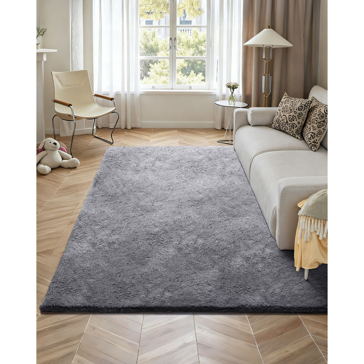 Indoor Plush Area Rugs, 8 x 10 ft Soft Plush Carpet, Furry Shag Area Rugs for Living Room, Bedroom, Sunroom, Modern Home Decor Aesthetic, Non-Shedding, Non-Woven, Slip-Resistant, Smoke Gray
