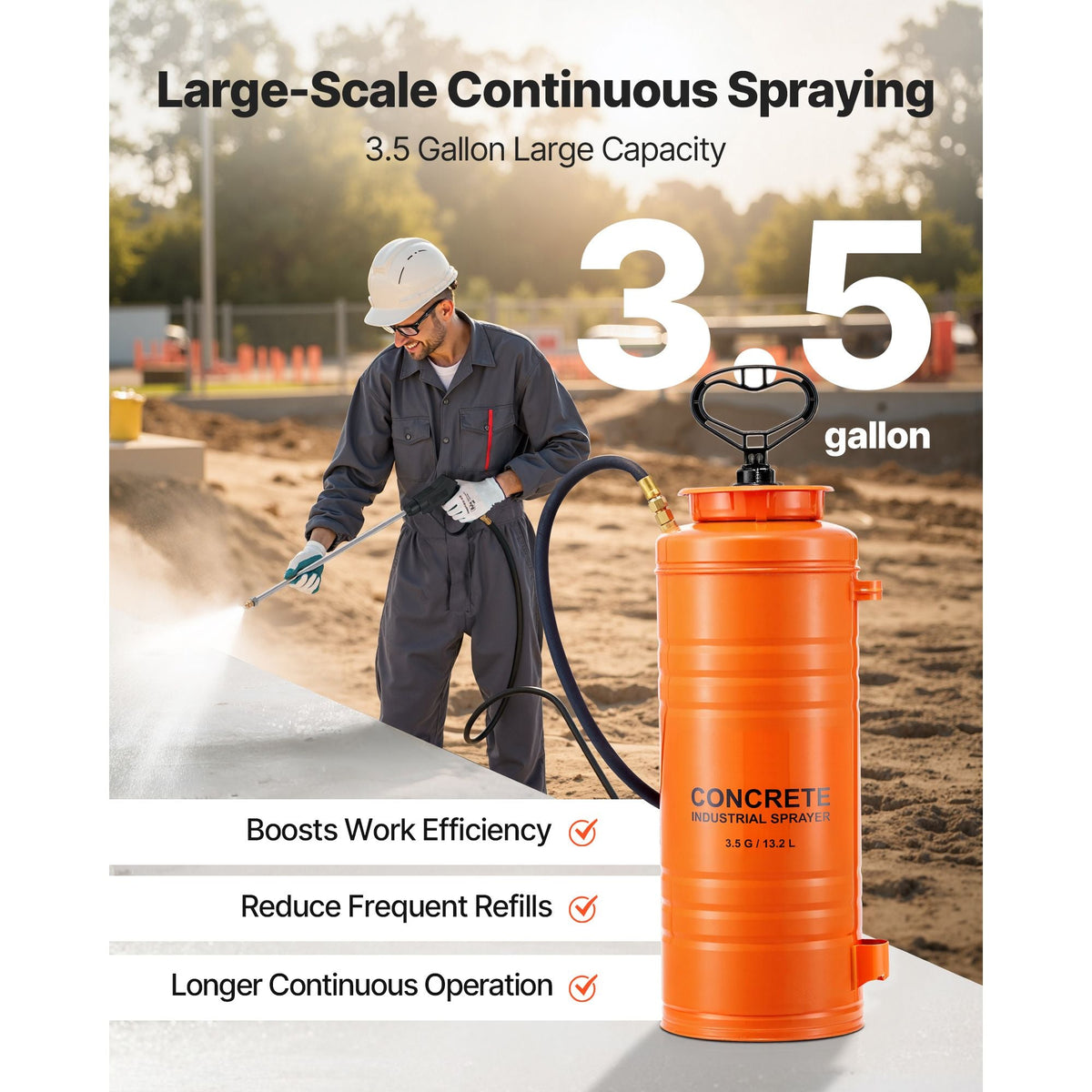 Industrial Concrete Sprayer, 3.5 Gallon Stainless Steel Sprayer, Heavy Duty Tri-Poxy Pump Sprayers, 20.5"Wand with Ergonomic Gun Handle, 48"& 120"Hose, 2 Brass Nozzles for Construction, Garden