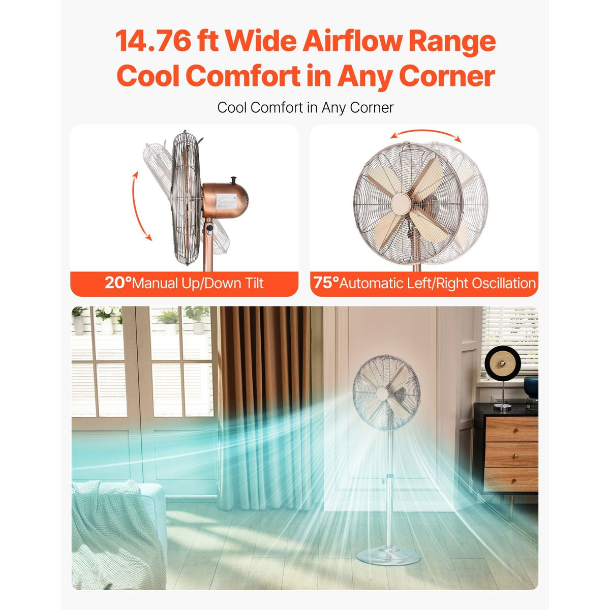 Industrial Pedestal Fan, 16 Inch 75-Degree Oscillating Fan, Height Adjustable Standing Fans with 3 Adjustable Speeds, High Power Floor Fans for Bedroom, Living Room, Home, Office, Copper