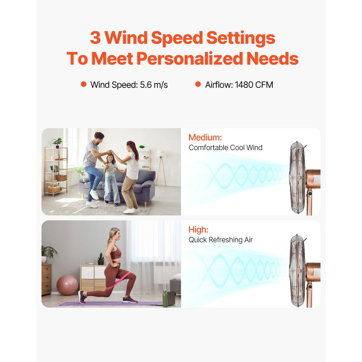 Industrial Pedestal Fan, 16 Inch 75-Degree Oscillating Fan, Height Adjustable Standing Fans with 3 Adjustable Speeds, High Power Floor Fans for Bedroom, Living Room, Home, Office, Copper