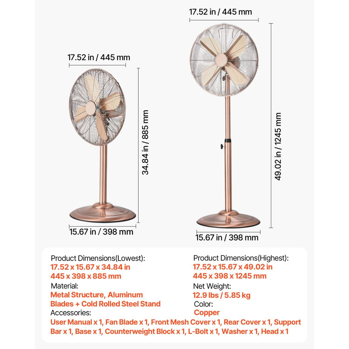 Industrial Pedestal Fan, 16 Inch 75-Degree Oscillating Fan, Height Adjustable Standing Fans with 3 Adjustable Speeds, High Power Floor Fans for Bedroom, Living Room, Home, Office, Copper