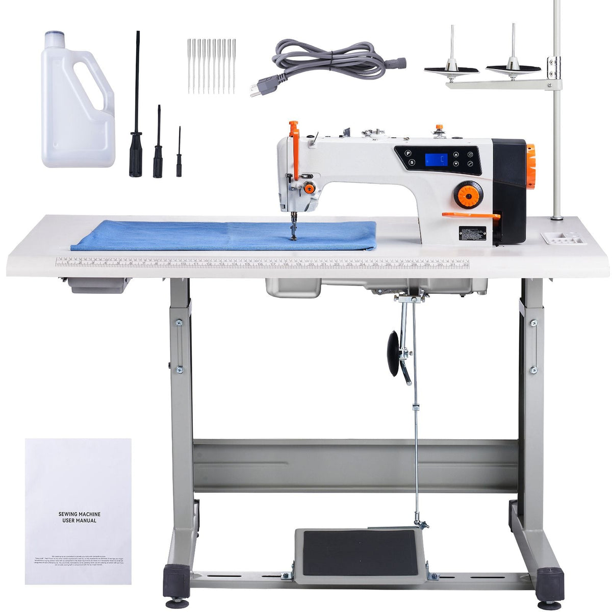 Industrial Sewing Machine, Upgraded 550W Servo Motor with Table Stand, 5000s.p.m Heavy Duty Lockstitch Sewing Machine, High Speed, Clear Control Panel and Electro-mechanization Start-stop