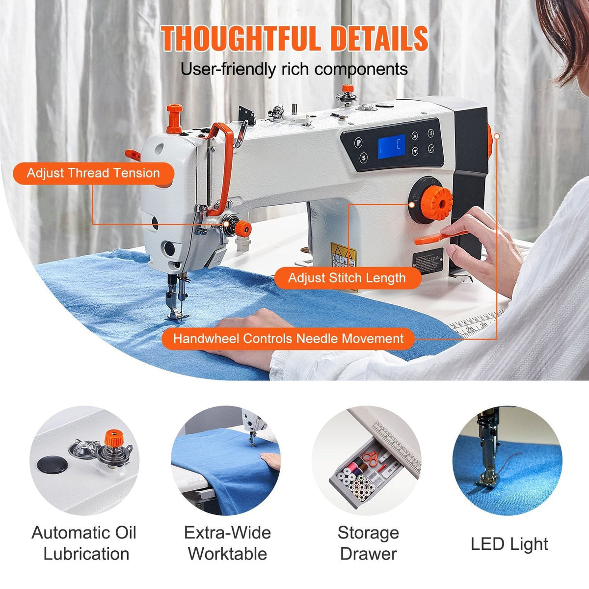 Industrial Sewing Machine, Upgraded 550W Servo Motor with Table Stand, 5000s.p.m Heavy Duty Lockstitch Sewing Machine, High Speed, Clear Control Panel and Electro-mechanization Start-stop