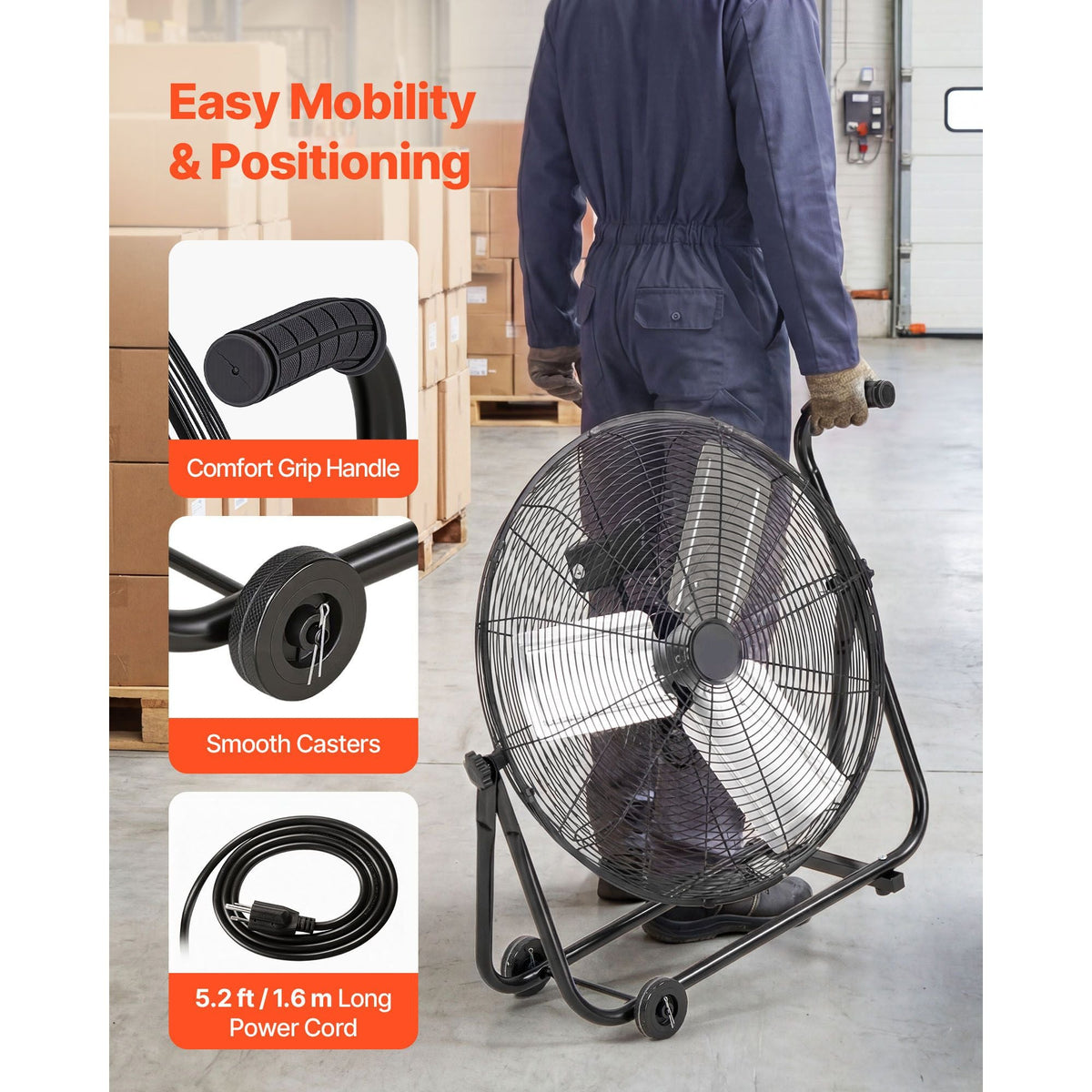 Industrial Shop Fan, 24 Inch Floor Drum Fan, High Velocity 7500 CFM, Heavy Duty Aluminum Blades, 3 Speeds, 360 Degree Tilt, Ideal for Commercial, Garage, Warehouse, Basement, Workshop, Black