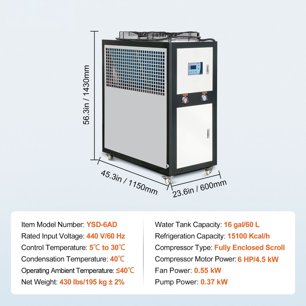 Industrial Water Chiller, 6HP 16 Gal Air-Cooled Industrial Water Chiller, 15,100 Kcal/h Cooling Capacity with Finned Condenser Micro-Computer Control 60L Water Tank, for Cooling Water
