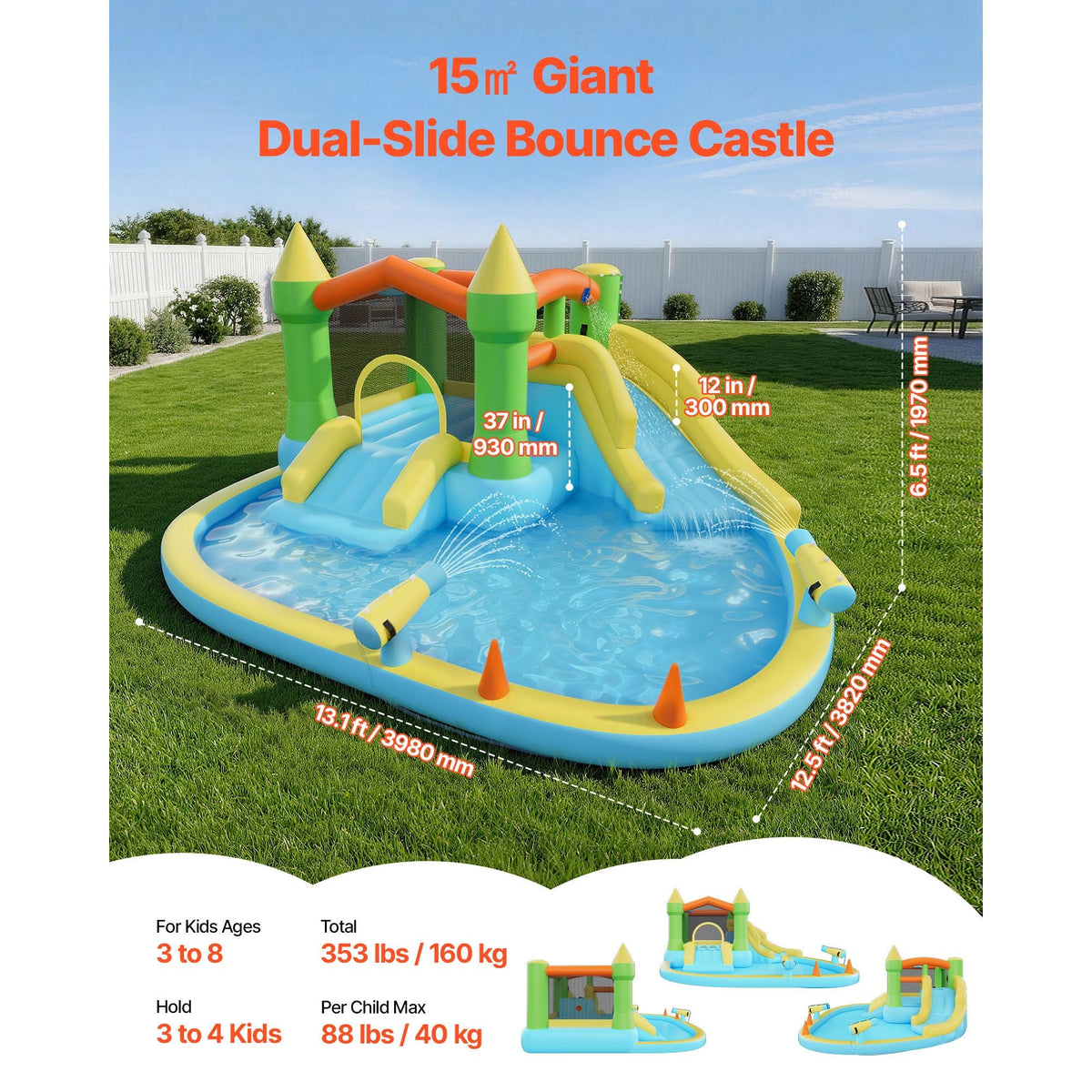 Inflatable Bounce House, 12.5 x 13.1 x 6.5 ft Inflatable Bounce House Water Slide, Bouncer Castle with Castle Bounces, Basketball Hoop, Splash Pool & Water Ring Toss, for 3 to 4 Kids Ages 3 to 8