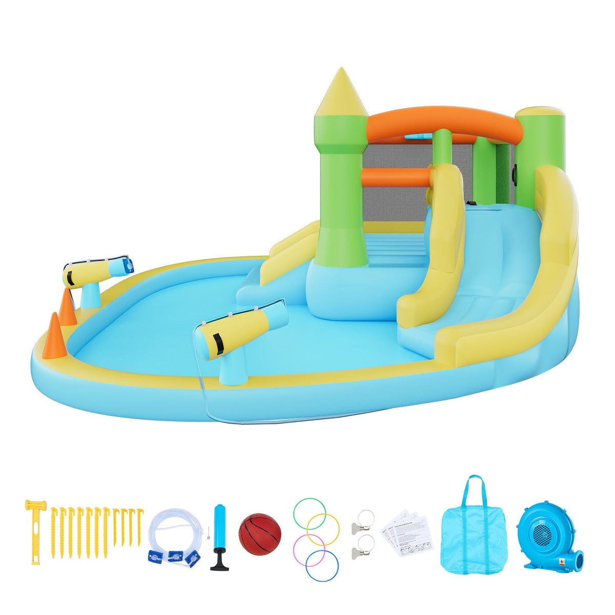 Inflatable Bounce House, 12.5 x 13.1 x 6.5 ft Inflatable Bounce House Water Slide, Bouncer Castle with Castle Bounces, Basketball Hoop, Splash Pool & Water Ring Toss, for 3 to 4 Kids Ages 3 to 8