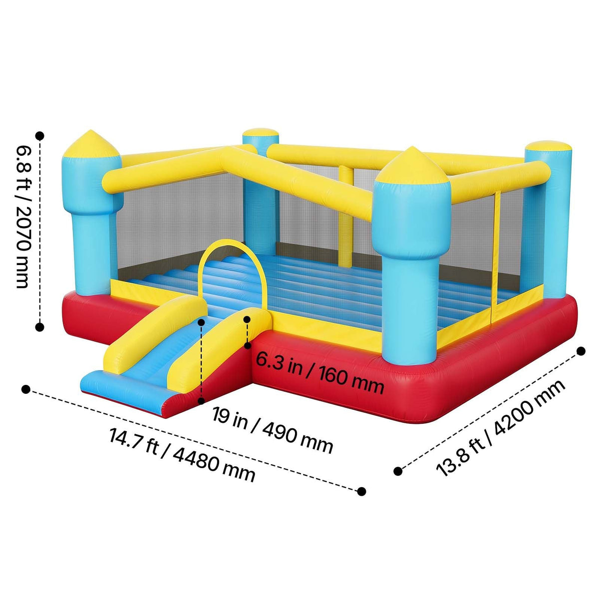 Inflatable Bounce House, 14.7 x 13.8 x 6.8 ft Jumping Bouncy Castle, Inflatable Jumper for Kids with Slide, Basketball Hoop, Target Game & Jumping Area, Jumpings House Holds 3-4 Kids (Ages 3-8)