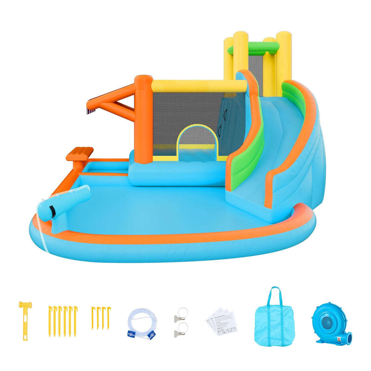 Inflatable Bounce House, 14.9 x 12.8 x 7.8 ft Inflatable Bounce House Water Slide, Bouncer Castle with Castle Bounces, Tall Slide, Splash Pool & Pretend Market Booth, for 3 to 4 Kids Ages 3 to 8