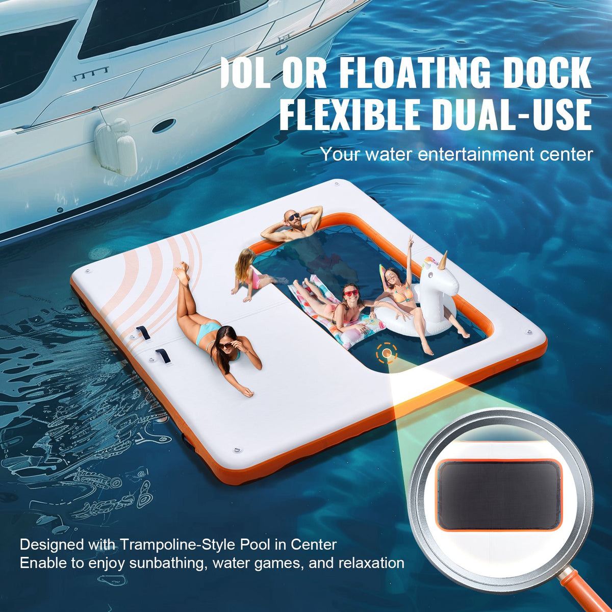 Inflatable Floating Dock, 10x10FT Inflatable Dock Platform with 4*7FT Trampoline Mesh Pool, Non-Slip Floating Platform Water Mat with Portable Bag & Detachable Ladder for Pool Beach Relaxation