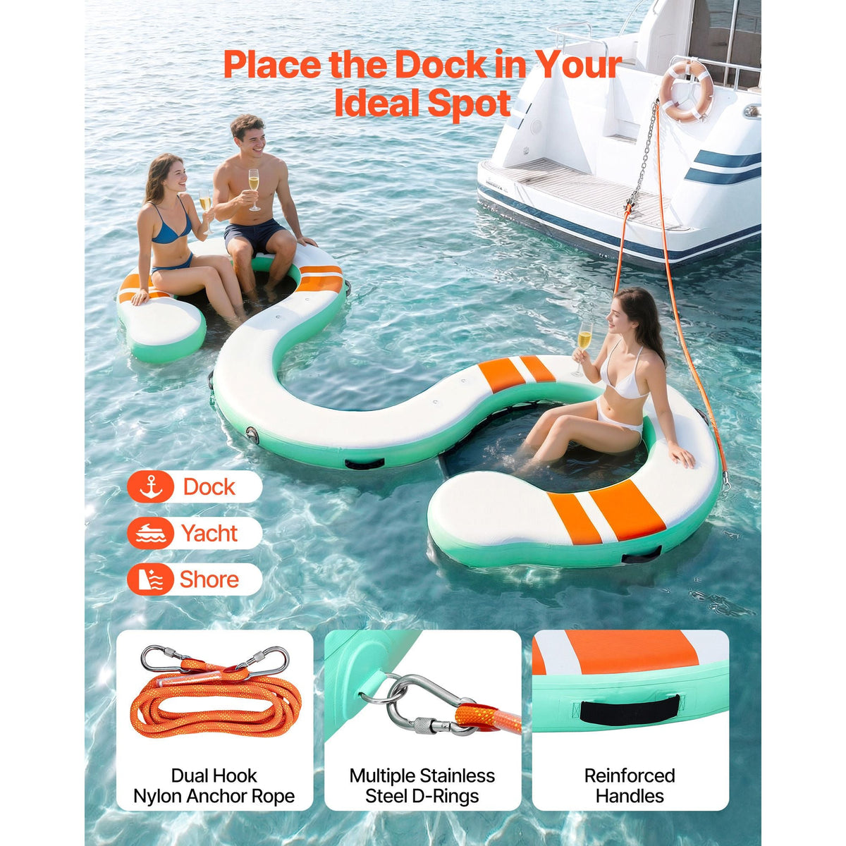 Inflatable Floating Dock, 15 x 6 FT Inflatable Dock Platform, Non-Slip Water Air Mat with Portable Carrying Bag and Detachable Ladder, Floating Water Platform Island Raft for Pool Beach Ocean