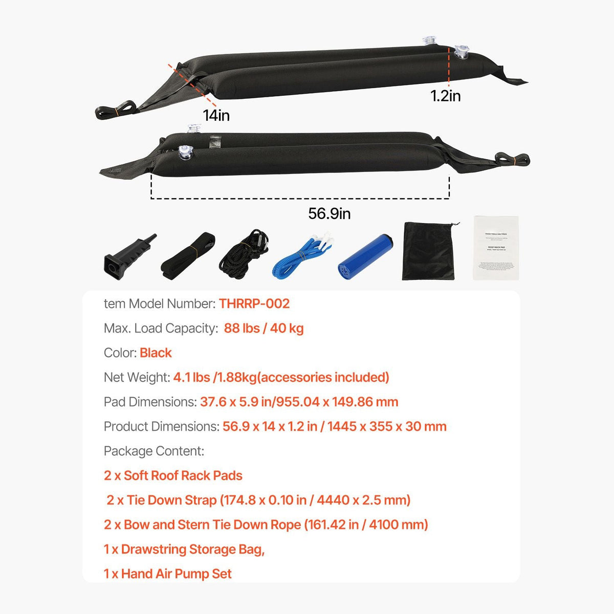 Inflatable Soft Roof Rack Bars, 37.6-Inch Universal Car Roof Rack Pads, 88LBS Loading Luggage Kayak Carrier with 2 Tie-Down Straps & Ropes, Hand Air Pump, Storage Bag for Canoes Surfboards SUPs