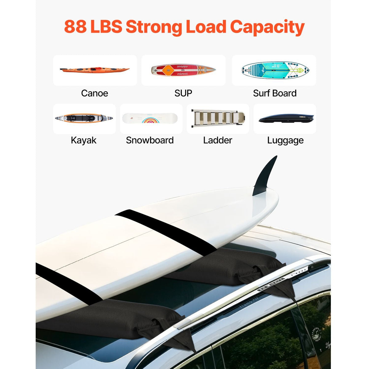 Inflatable Soft Roof Rack Bars, 37.6-Inch Universal Car Roof Rack Pads, 88LBS Loading Luggage Kayak Carrier with 2 Tie-Down Straps & Ropes, Hand Air Pump, Storage Bag for Canoes Surfboards SUPs