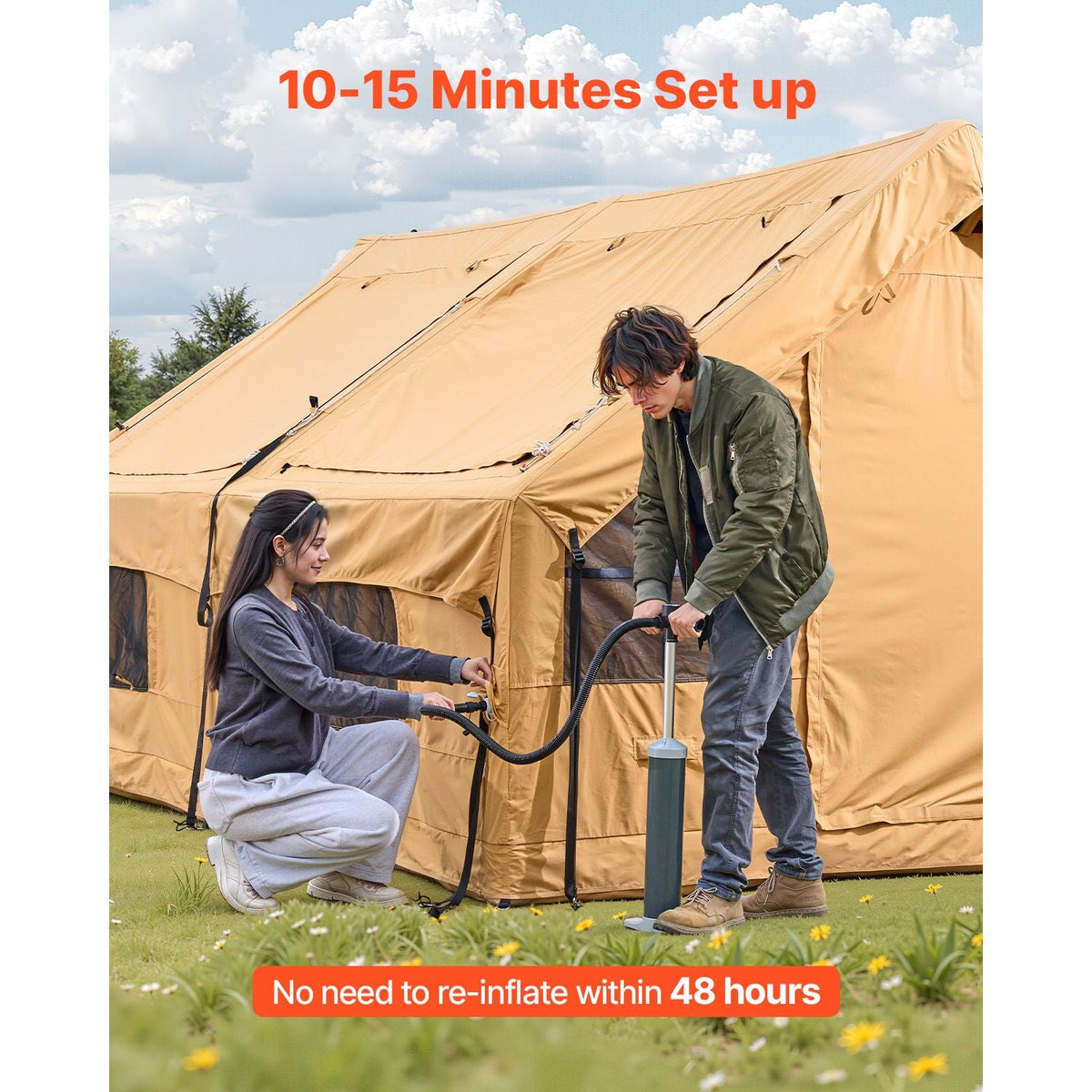 Inflatable Tents for Camping, 5-8 Person Easy Setup Blow up Tent with Hand Pump, Luxury Glamping Tent with 2 Skylights, Canopy, Stove Jack 2 Doors & Mesh Windows (Storage Bag Included)