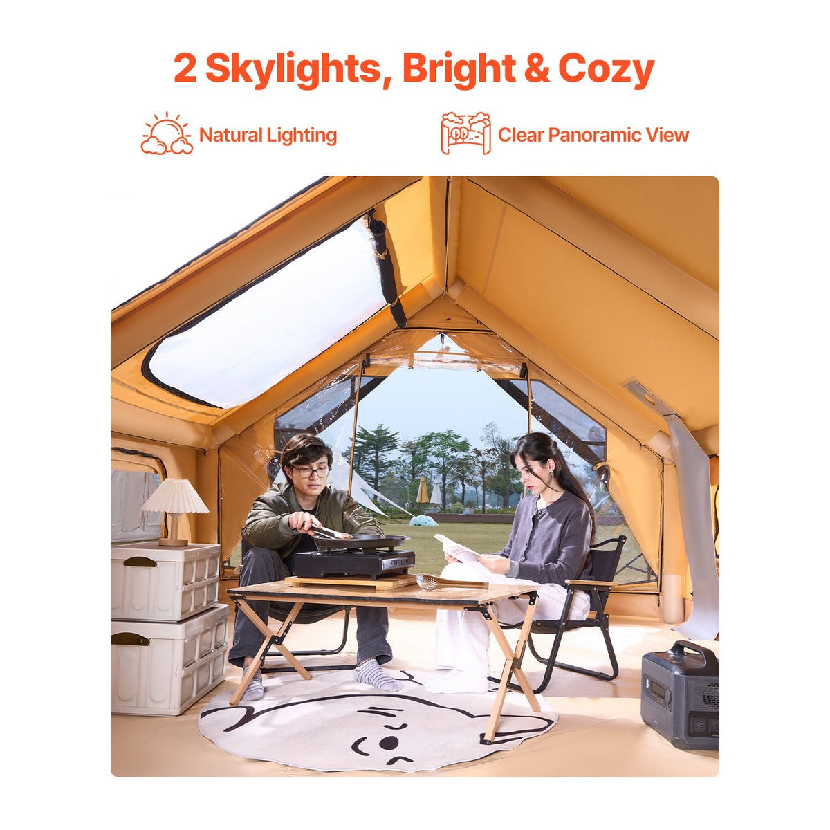 Inflatable Tents for Camping, 5-8 Person Easy Setup Blow up Tent with Hand Pump, Luxury Glamping Tent with 2 Skylights, Canopy, Stove Jack 2 Doors & Mesh Windows (Storage Bag Included)