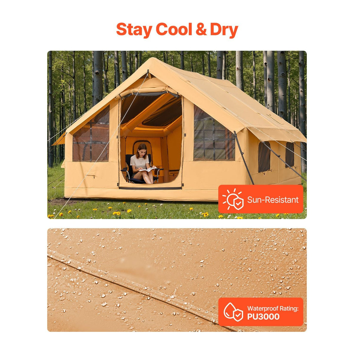 Inflatable Tents for Camping, 5-8 Person Easy Setup Blow up Tent with Hand Pump, Luxury Glamping Tent with 2 Skylights, Canopy, Stove Jack 2 Doors & Mesh Windows (Storage Bag Included)