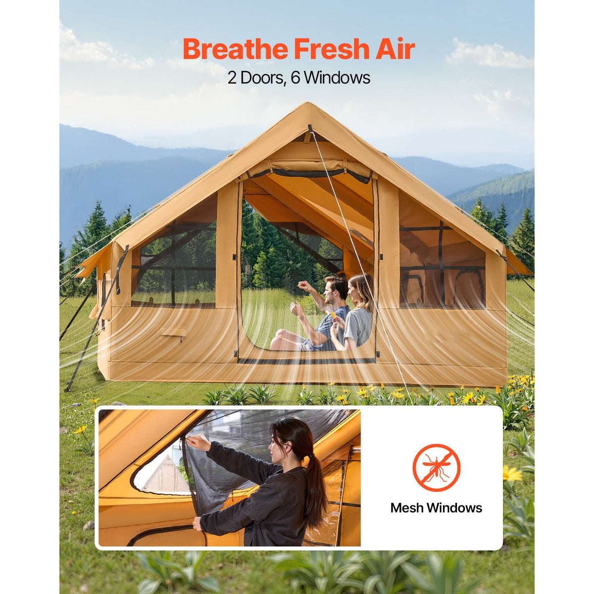 Inflatable Tents for Camping, 5-8 Person Easy Setup Blow up Tent with Hand Pump, Luxury Glamping Tent with 2 Skylights, Canopy, Stove Jack 2 Doors & Mesh Windows (Storage Bag Included)