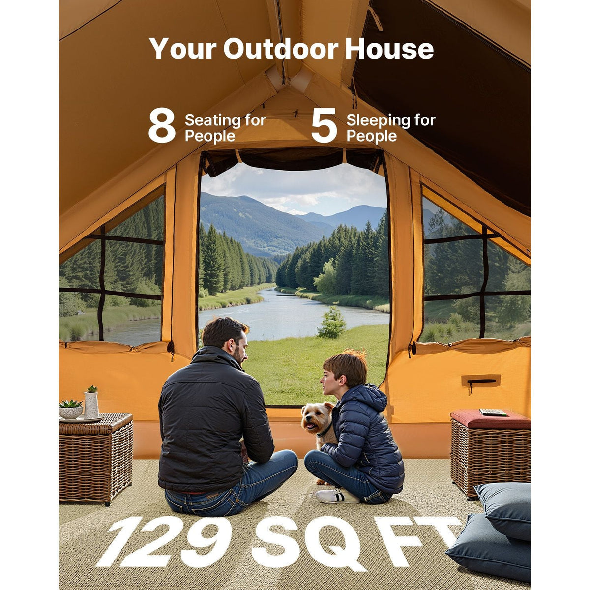 Inflatable Tents for Camping, 5-8 Person Easy Setup Blow up Tent with Hand Pump, Luxury Glamping Tent with 2 Skylights, Canopy, Stove Jack 2 Doors & Mesh Windows (Storage Bag Included)