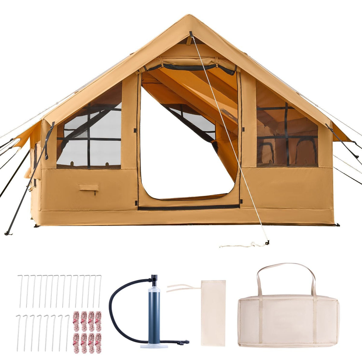 Inflatable Tents for Camping, 5-8 Person Easy Setup Blow up Tent with Hand Pump, Luxury Glamping Tent with 2 Skylights, Canopy, Stove Jack 2 Doors & Mesh Windows (Storage Bag Included)