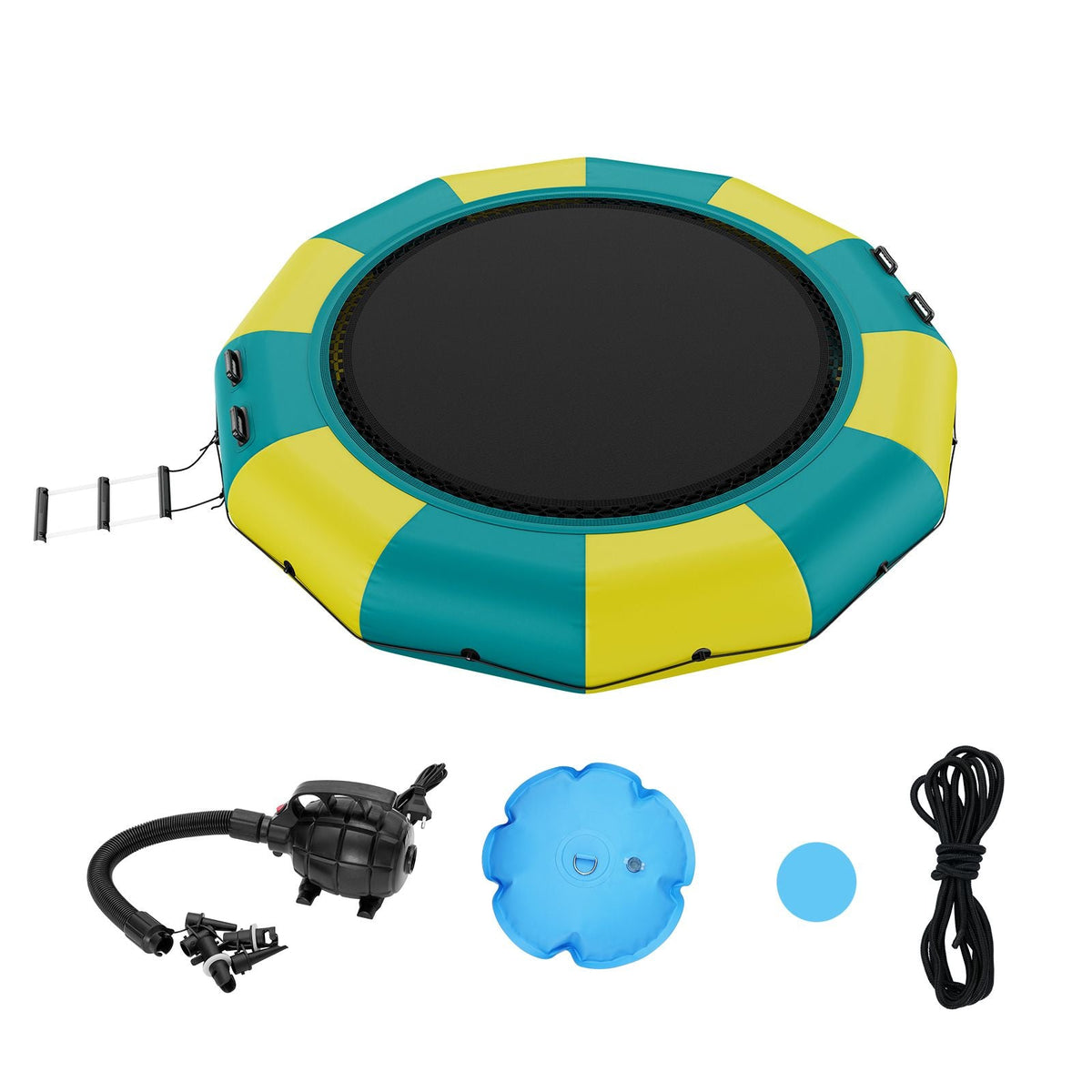 Inflatable Water Bouncer, 13ft Recreational Water Trampoline, Portable Bounce Swim Platform with 3-Step Ladder & Electric Air Pump, Kids Adults Floating Rebounder for Pool, Lake, Water Sports