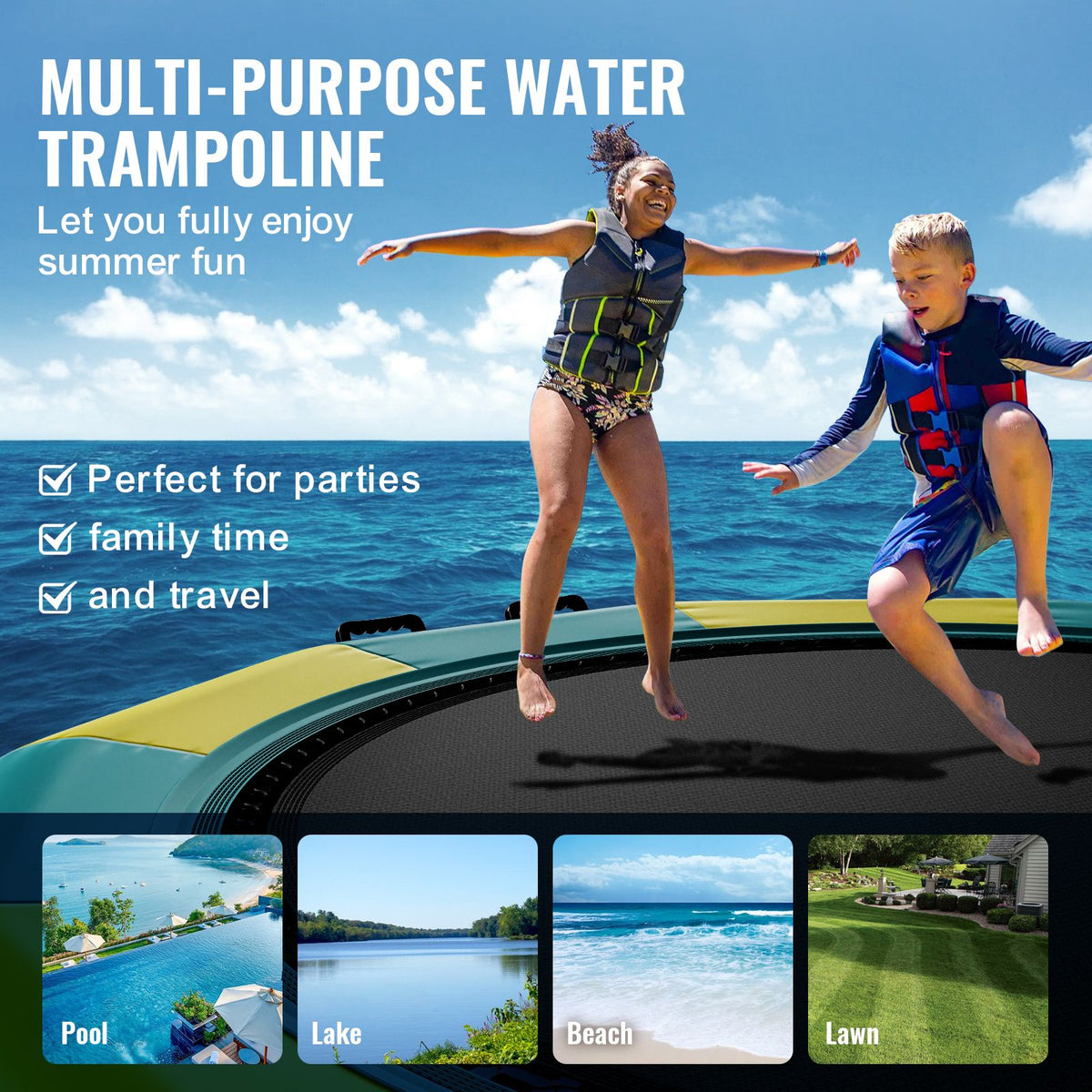 Inflatable Water Bouncer, 13ft Recreational Water Trampoline, Portable Bounce Swim Platform with 3-Step Ladder & Electric Air Pump, Kids Adults Floating Rebounder for Pool, Lake, Water Sports