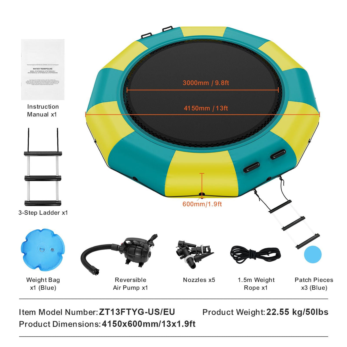 Inflatable Water Bouncer, 13ft Recreational Water Trampoline, Portable Bounce Swim Platform with 3-Step Ladder & Electric Air Pump, Kids Adults Floating Rebounder for Pool, Lake, Water Sports
