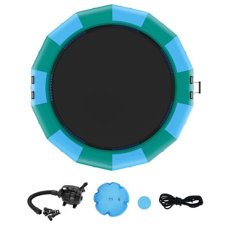 Inflatable Water Bouncer, 15ft Recreational Water Trampoline, Portable Bounce Swim Platform with 3-Step Ladder & Electric Air Pump, Kids Adults Floating Rebounder for Pool, Lake, Water Sports