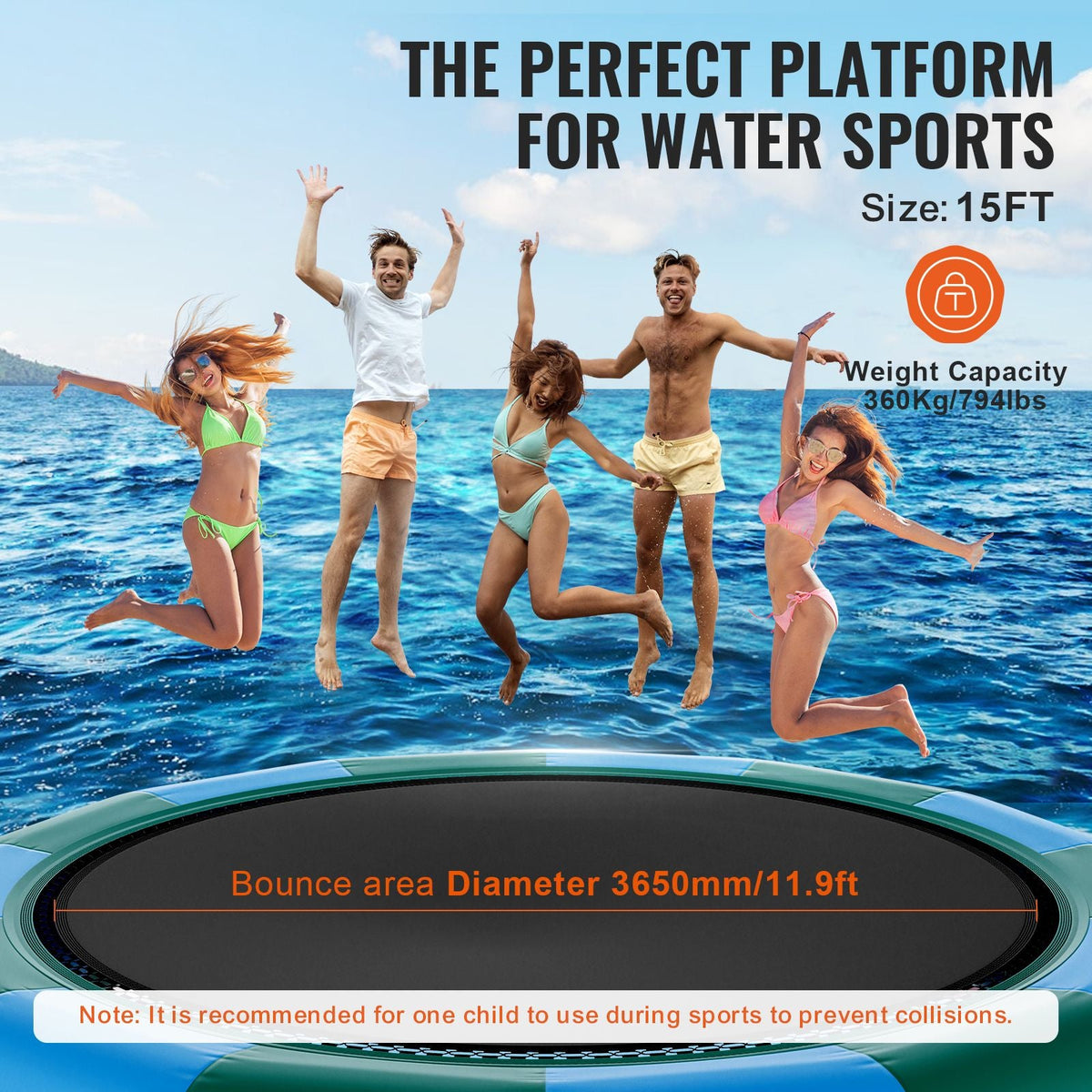 Inflatable Water Bouncer, 15ft Recreational Water Trampoline, Portable Bounce Swim Platform with 3-Step Ladder & Electric Air Pump, Kids Adults Floating Rebounder for Pool, Lake, Water Sports