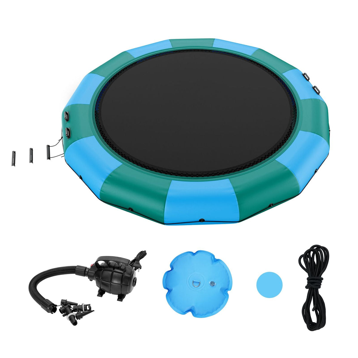 Inflatable Water Bouncer, 15ft Recreational Water Trampoline, Portable Bounce Swim Platform with 3-Step Ladder & Electric Air Pump, Kids Adults Floating Rebounder for Pool, Lake, Water Sports