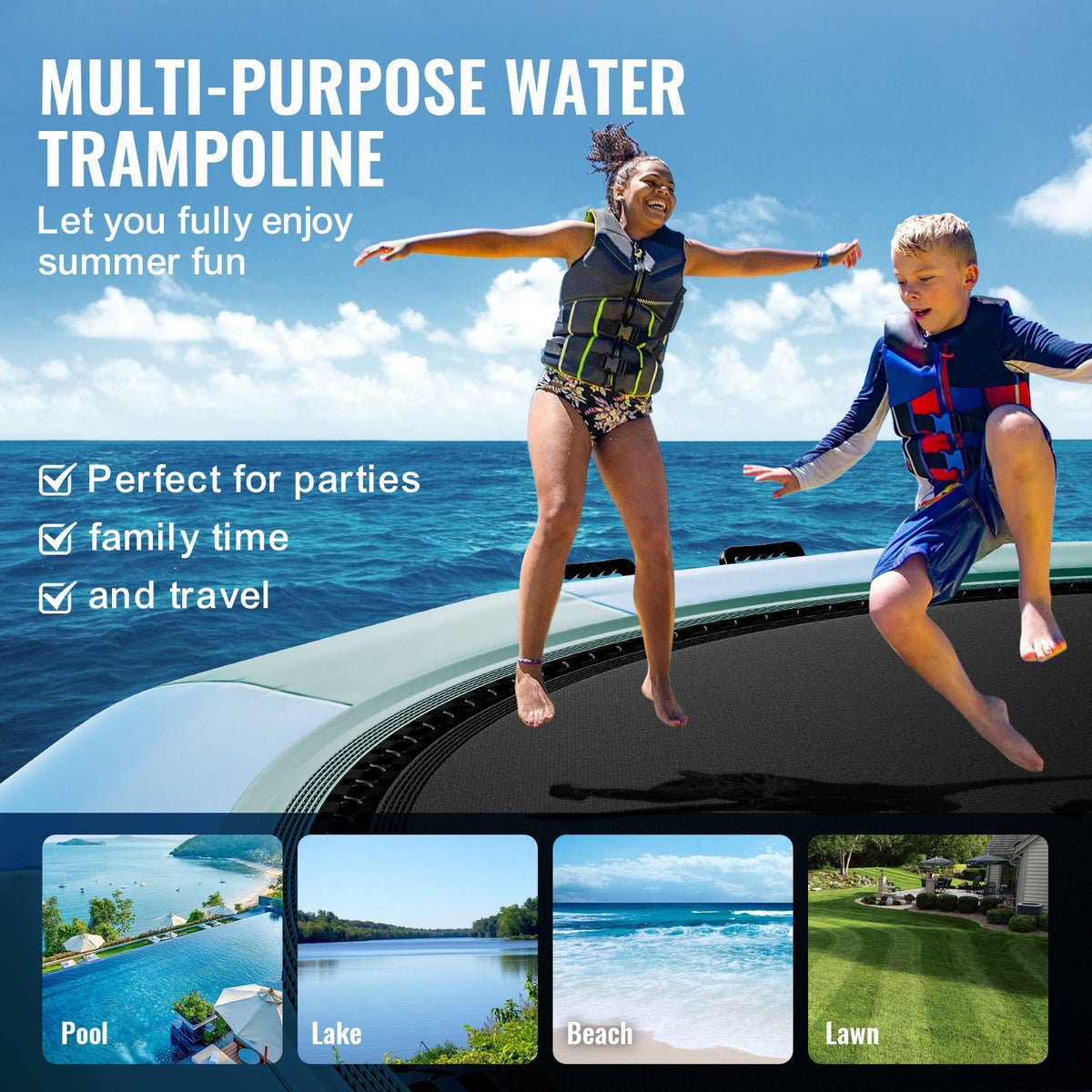 Inflatable Water Bouncer, 15ft Recreational Water Trampoline, Portable Bounce Swim Platform with 3-Step Ladder & Electric Air Pump, Kids Adults Floating Rebounder for Pool, Lake, Water Sports