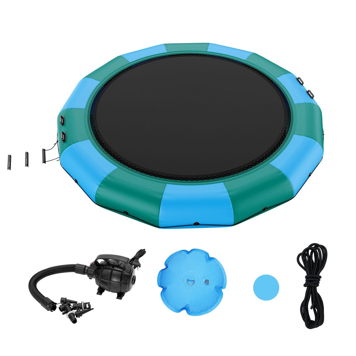 Inflatable Water Bouncer, 15ft Recreational Water Trampoline, Portable Bounce Swim Platform with 3-Step Ladder & Electric Air Pump, Kids Adults Floating Rebounder for Pool, Lake, Water Sports