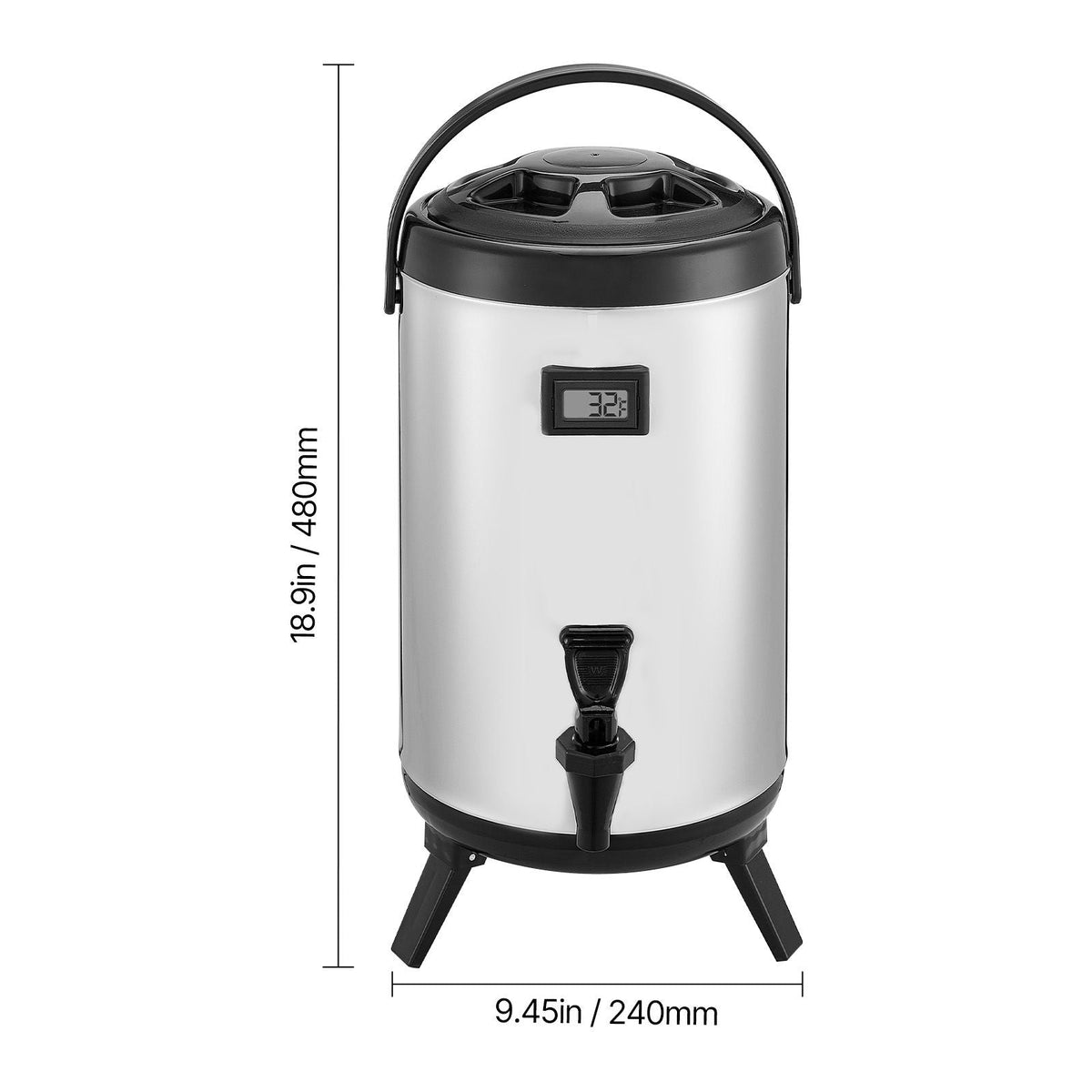 Insulated Beverage Dispenser, 2 Gal/7.6L Stainless Steel Thermal Drink Server with Spigot & Temp Display, Suitable for Hot and Cold Drinks, for Tea Coffee Water in Cafes & Restaurants, Silver