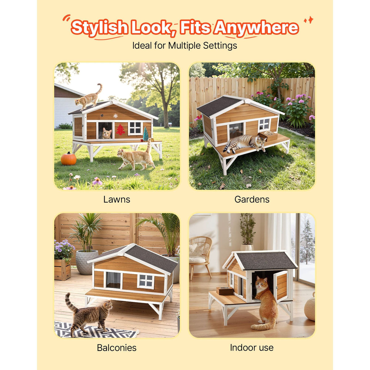Insulated Cat House, All-Around Foam Insulation Elevated Cat Shelter, Wooden Feral Kitty Shelter with Large Platform, Waterproof Cats Condos for Indoor & Outdoor Cats in Winter 43.5x33.5x31 in