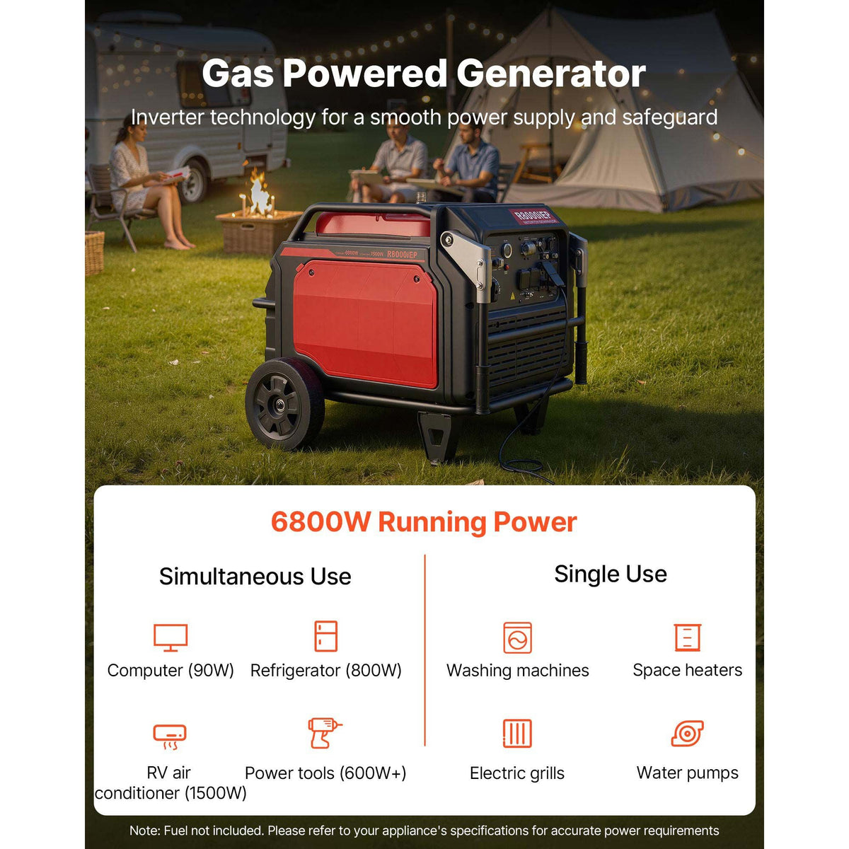 Inverter Generator, 10000W Peak Watt Quiet Inverter Generator, Remote Start Inverters Generators for Home Outdoor, Gas Powered, Stable Power, CO Sensor, RV Ready 1A & 2.1A Outlets, Long Run Time