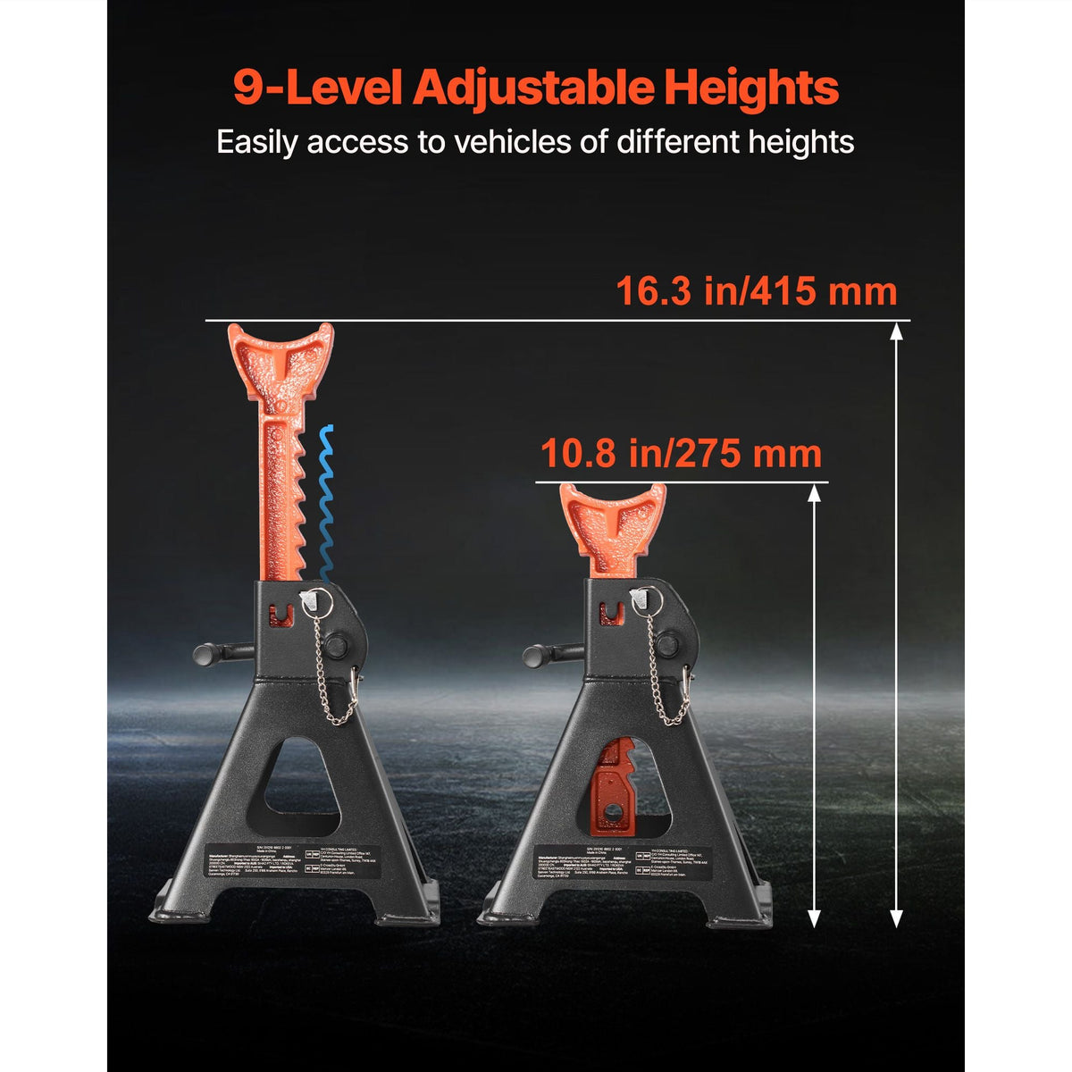 Jack Stands, 3 Ton (6,600 lbs) Capacity, 10.8-16.3 in Adjustable Height, Heavy Duty Steel Jack Auto Stands with Double Locking, for Lifting SUV, Pickup, Car, UTV/ATV, 1 Pair, Black and Orange