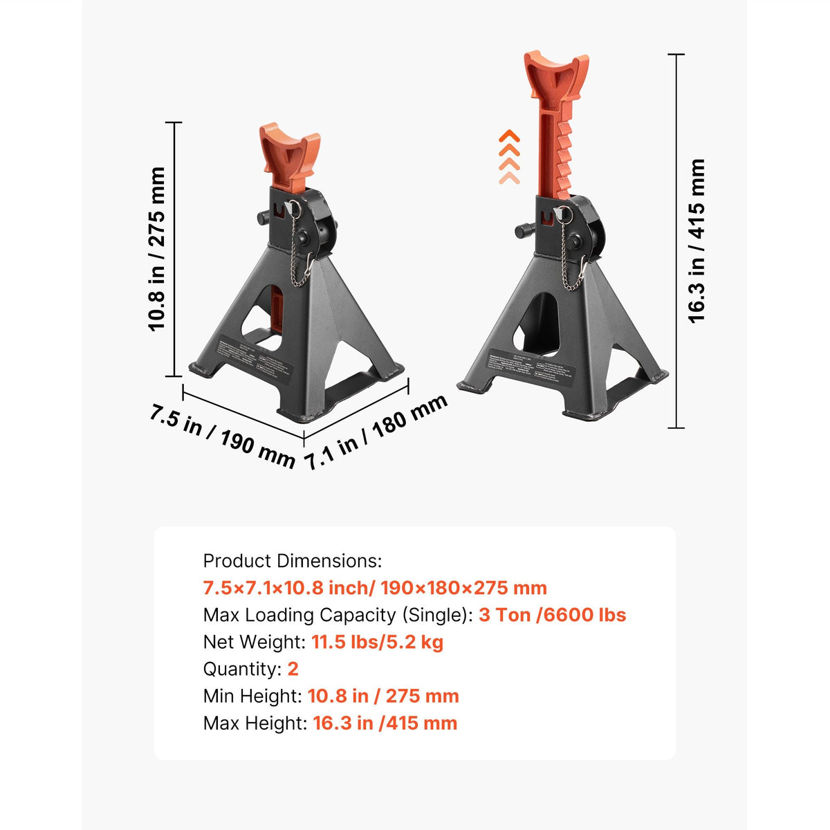Jack Stands, 3 Ton (6,600 lbs) Capacity, 10.8-16.3 in Adjustable Height, Heavy Duty Steel Jack Auto Stands with Double Locking, for Lifting SUV, Pickup, Car, UTV/ATV, 1 Pair, Black and Orange