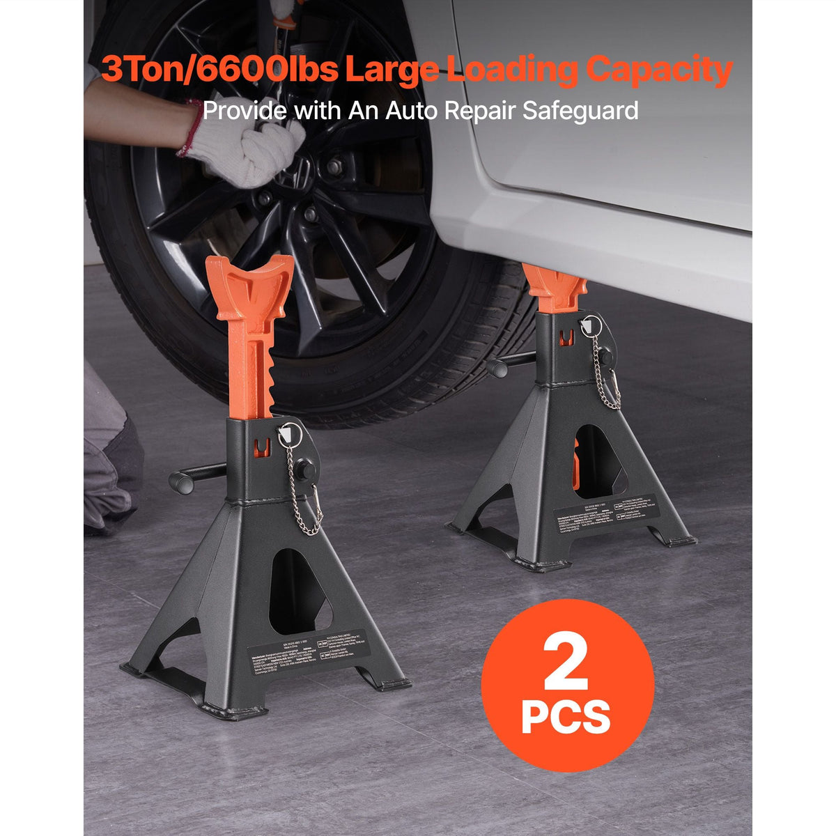 Jack Stands, 3 Ton (6,600 lbs) Capacity, 10.8-16.3 in Adjustable Height, Heavy Duty Steel Jack Auto Stands with Double Locking, for Lifting SUV, Pickup, Car, UTV/ATV, 1 Pair, Black and Orange
