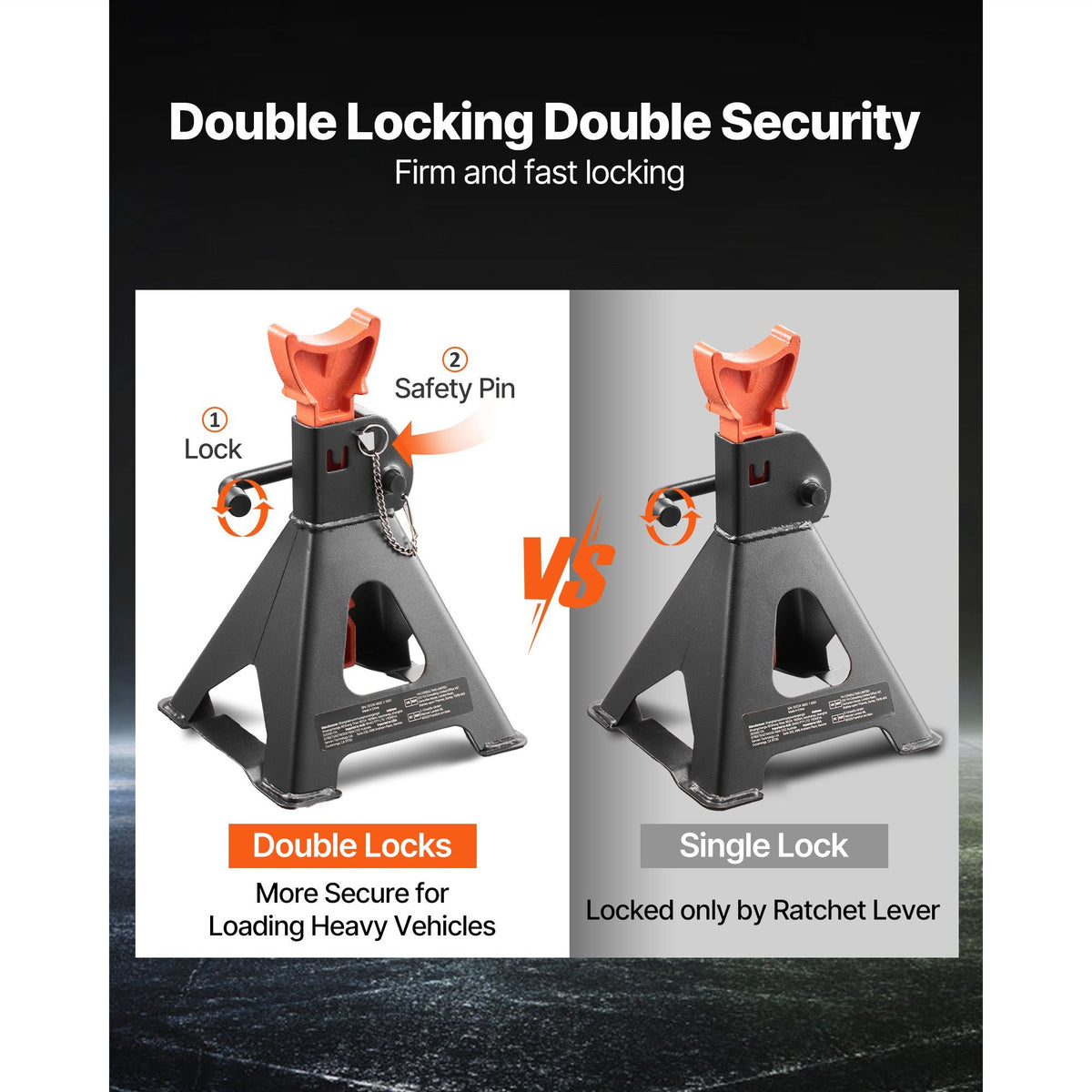 Jack Stands, 3 Ton (6,600 lbs) Capacity, 10.8-16.3 in Adjustable Height, Heavy Duty Steel Jack Auto Stands with Double Locking, for Lifting SUV, Pickup, Car, UTV/ATV, 1 Pair, Black and Orange