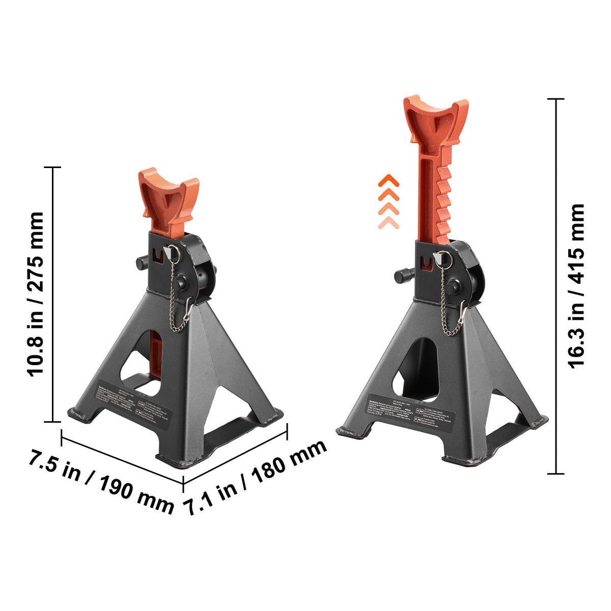 Jack Stands, 3 Ton (6,600 lbs) Capacity, 10.8-16.3 in Adjustable Height, Heavy Duty Steel Jack Auto Stands with Double Locking, for Lifting SUV, Pickup, Car, UTV/ATV, 1 Pair, Black and Orange