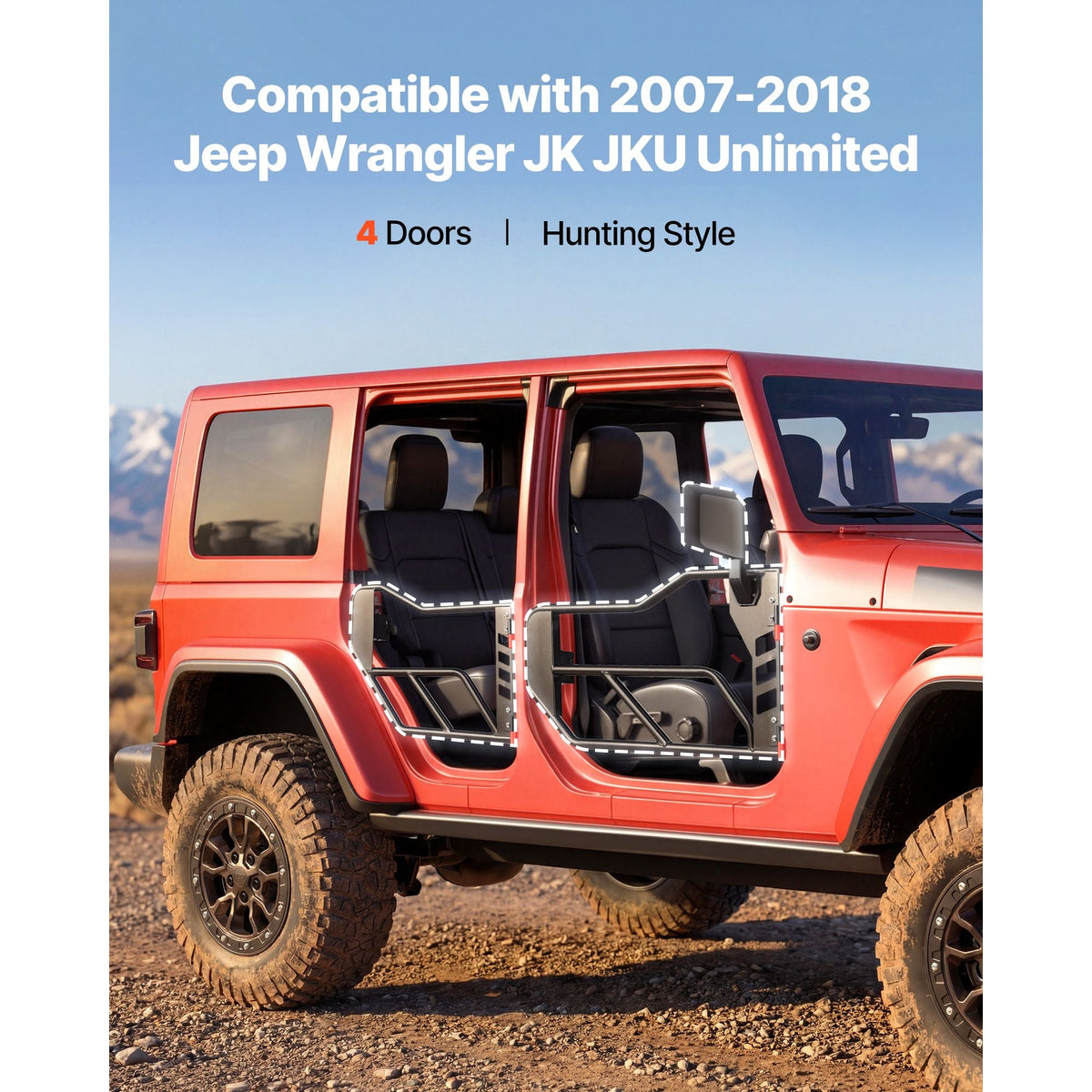 Jeep Tube Doors, 4-Door, Compatible with 2007-2018 Jeep Wrangler JK JKU Unlimited, Steel Off Road Front & Rear Tubular Half Doors with DOT Certified Side View Mirrors, Storage Bag & Rubber Pads