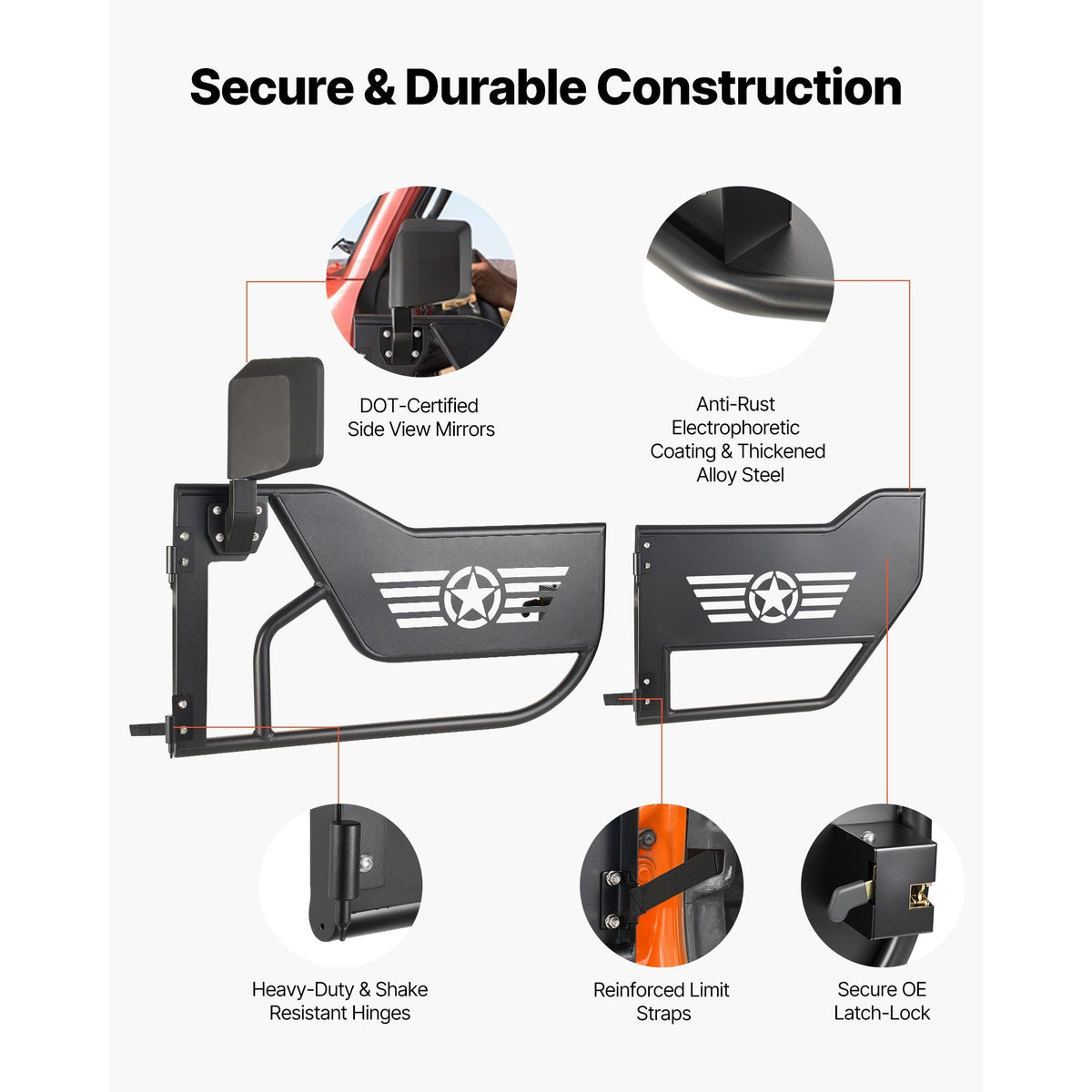 Jeep Tube Doors, 4-Door, Compatible with 2018-2026 Jeep Wrangler JL JLU & Gladiator JT 4XE, Steel Off Road Front & Rear Tubular Half Doors with DOT Certified Side View Mirrors