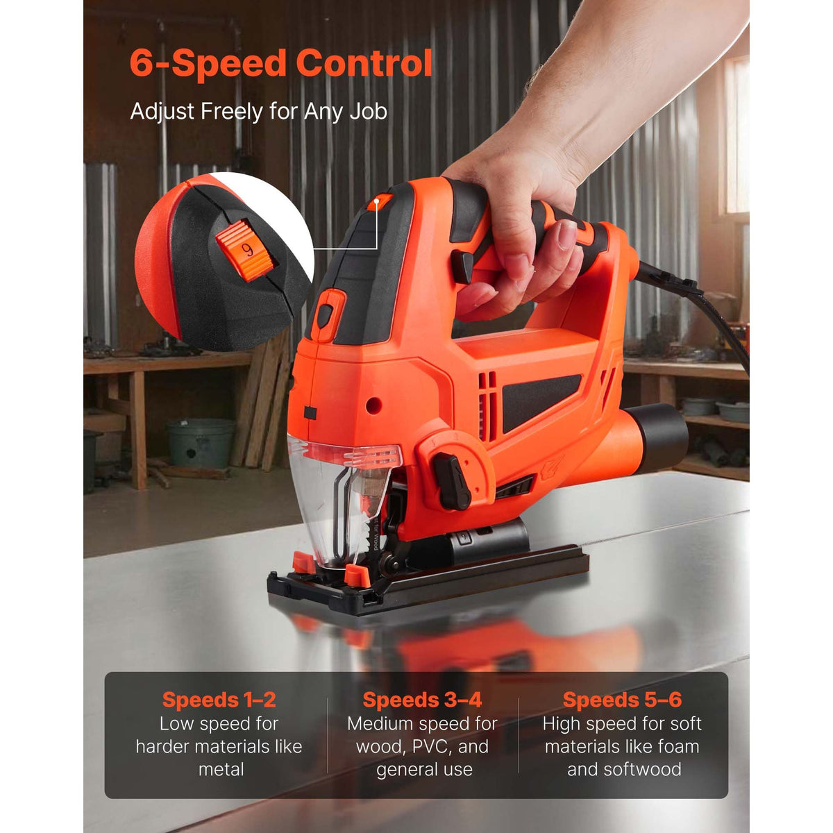 Jig Saw, 6.5 Amp, 3000 SPM Blade Speed, Electric Jigsaw with 6 pcs Blades, LED Light, 6 Variable Speed, 0- 45° Bevel Cuts, 4 Orbital Settings for Straight/Circle Cutting, for Wood and Metal